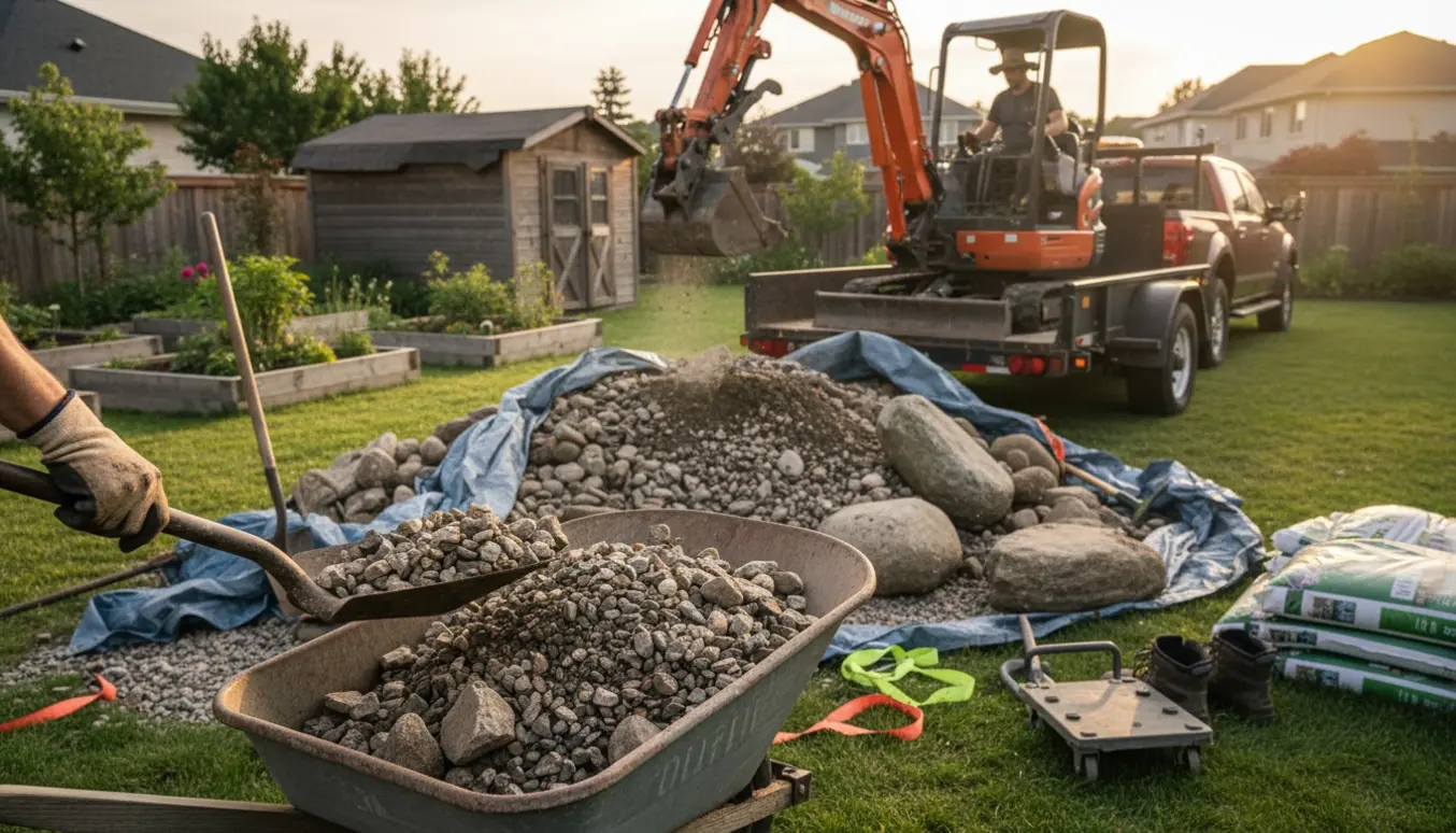 Store og små sten læsses fra en have i trailer og trillebør med arbejdshandsker og minigraver i varmt naturligt lys.