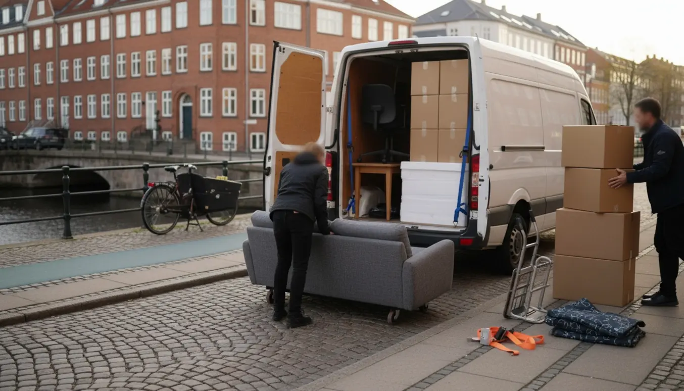 Flyttebil ved kantstenen med sofa, 12 flyttekasser, kontorstol og arbejdsbord under læsning i en københavnsk gade.