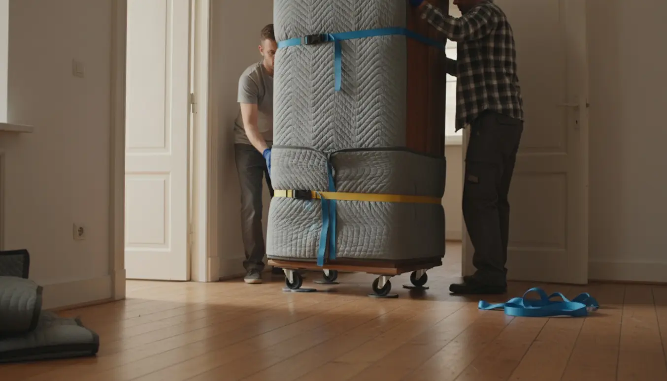 Et stort garderobeskab pakket i flytteplaid bæres gennem en døråbning uden trapper.