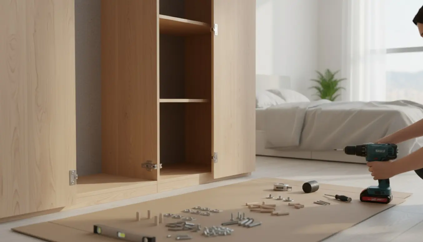Hænder monterer hængsel på et halvfærdigt garderobeskab i et lyst rum med værktøj og dele omkring.