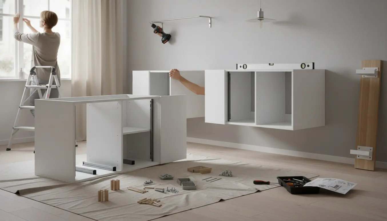 Montage af lampe, to fladpakkede skabe, hylde og halvopsatte gardiner i et lyst skandinavisk rum.