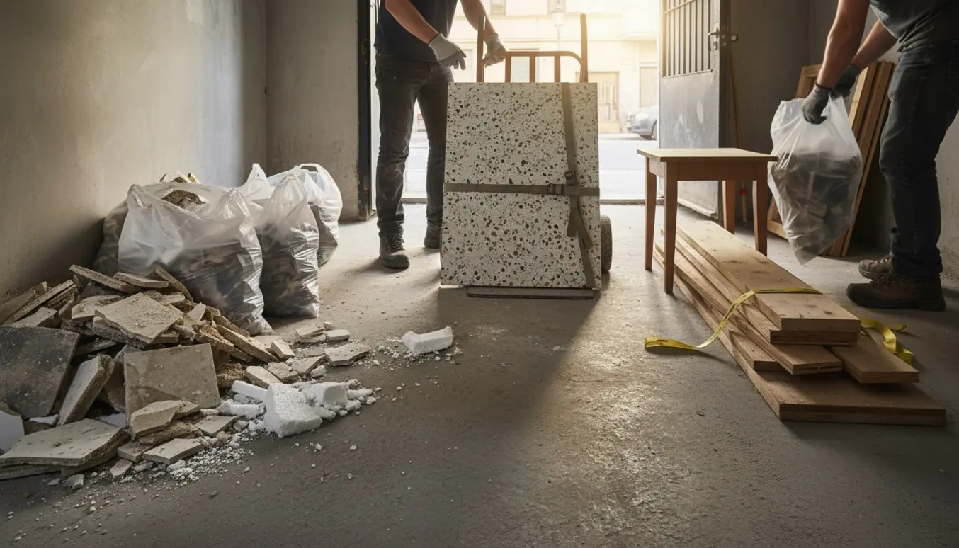 Kælderrum med murbrokker i plastposer, flamingo, terazzoplade på en tralle og træstumper ved en åben kælderdør.