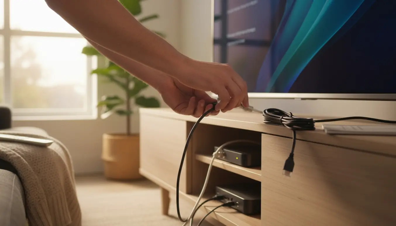 Hænder forbinder HDMI- og coax-kabler mellem et TV og en set-top-boks i en lys, hyggelig stue for at installere tv-kanaler.