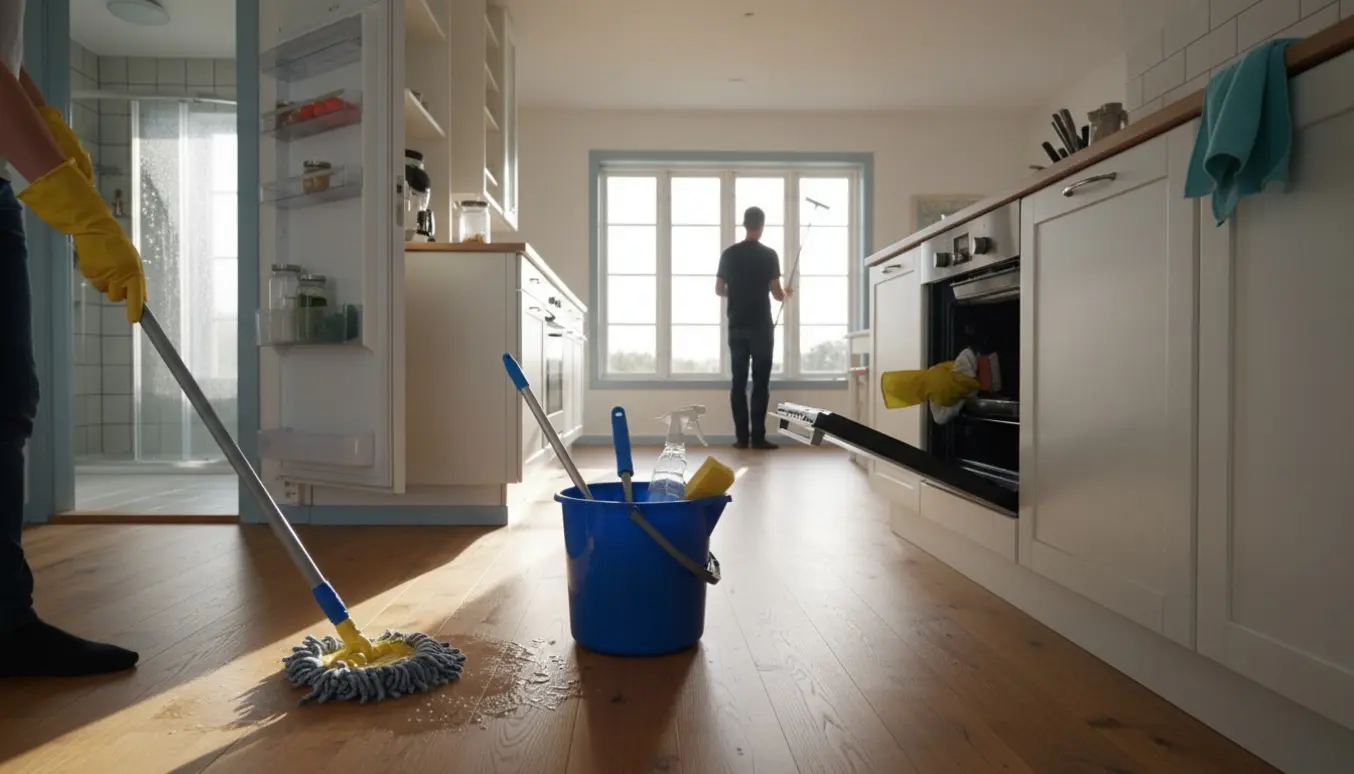 Soloplyst sommerhus køkken-alrum med hænder, der rengør ovn, køleskab, gulv og vinduer.