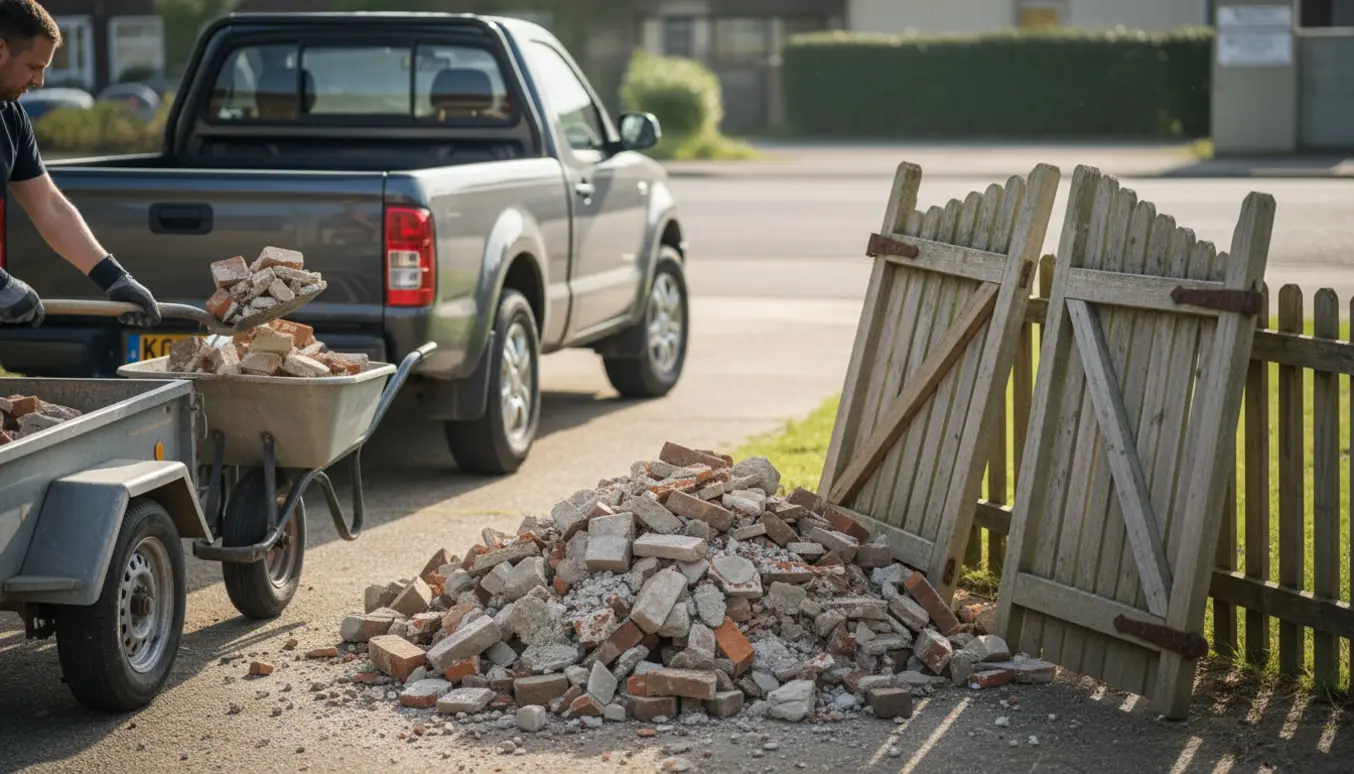 Murbrokker og to gamle havelåger læsses i en trailer på en indkørsel.