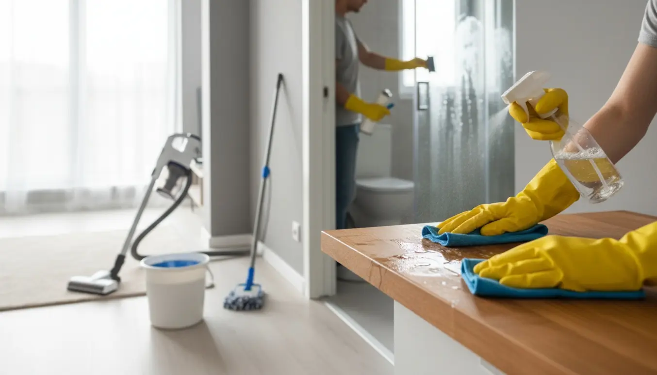 Hænder i handsker pudser køkkenbord i en lys toværelses lejlighed med støvsuger, moppe og afkalkning af badeværelsesarmatur i baggrunden.