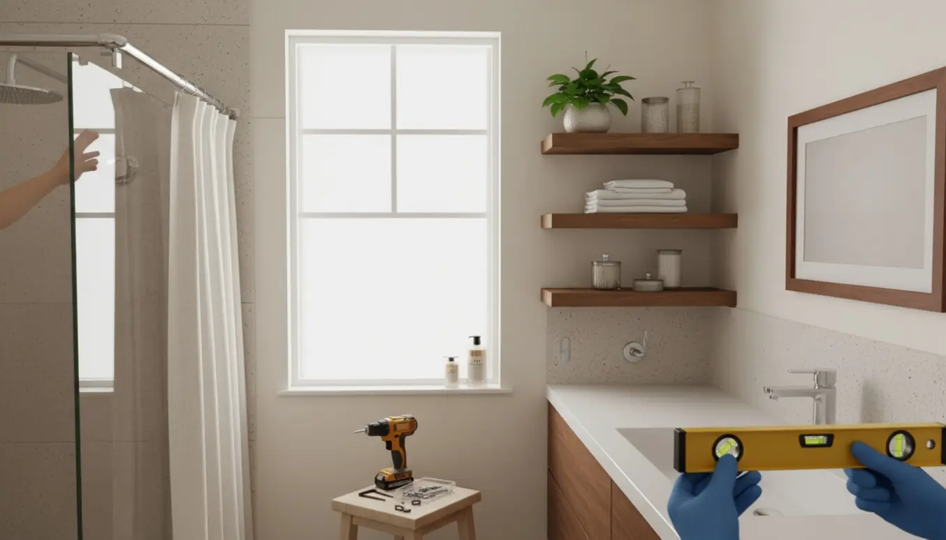 Installation af tre gardinstænger, tre små hylder og et stort billede i et lyst badeværelse med værktøj i forgrunden.