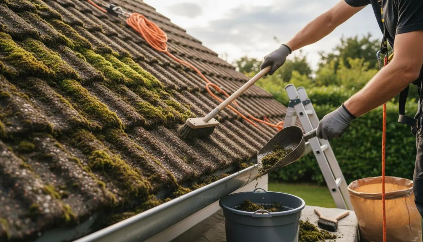 Delvist fejet tag med mos, handsker og kost fejer mos ned i renset tagrende ved en stige.