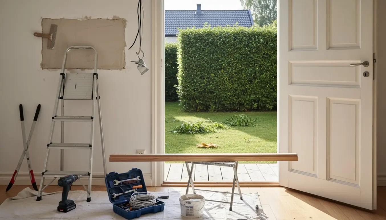 Stige og spartelarbejde ved en ujævn væg med værktøj indendørs og en nyslået hæk udenfor.