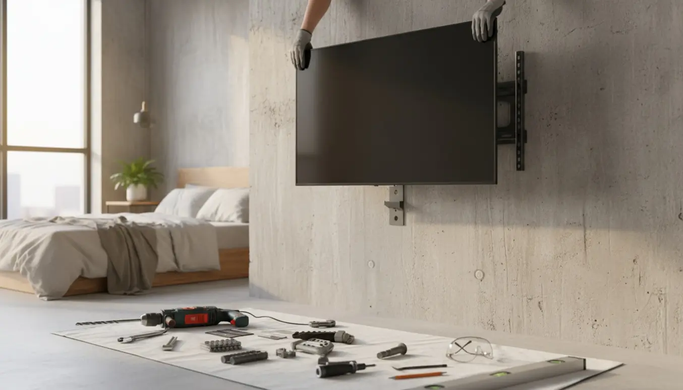 Hænder monterer et 55-tommers fladskærms-tv på en betonvæg i et lyst, moderne soveværelse med værktøj synligt.