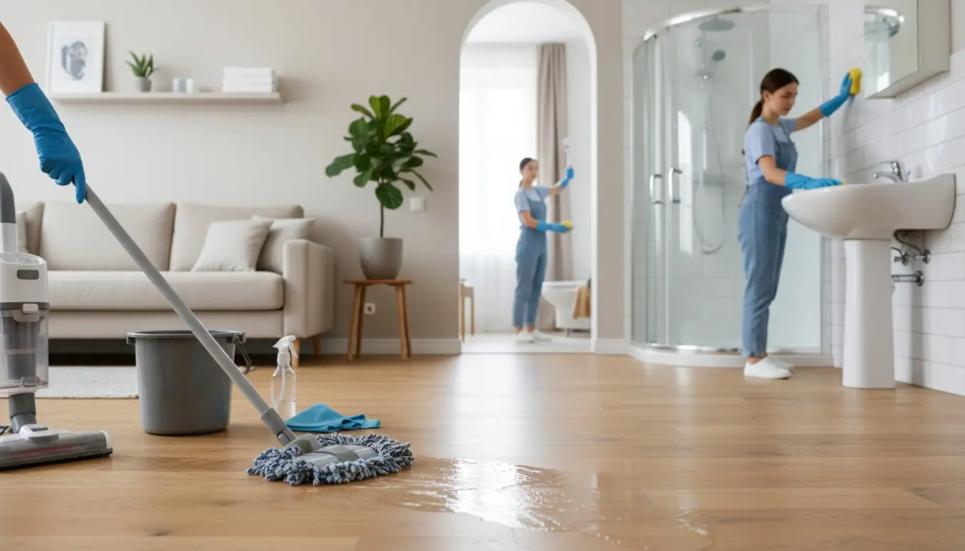 Gloved hænder mopper et lyst trægulv i en moderne lejlighed med støvsuger og et rengjort badeværelse synligt gennem en åben dør.