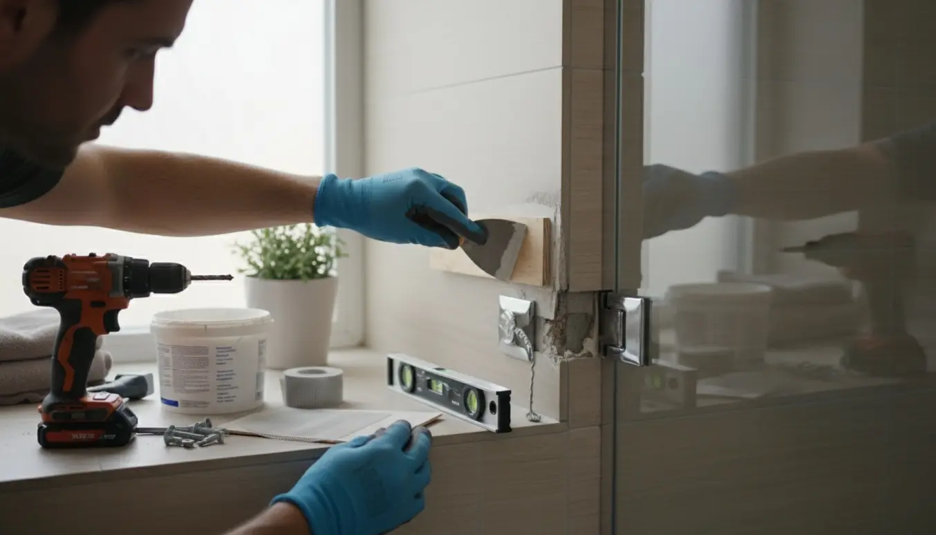Håndværker fylder væggen og genmonterer nederste beslag på en glasbrusedør.