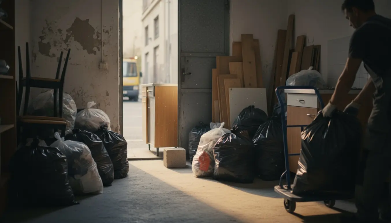 Kælderrum med åben dør, bunker af blandet affald i poser og træstykker klar til afhentning.