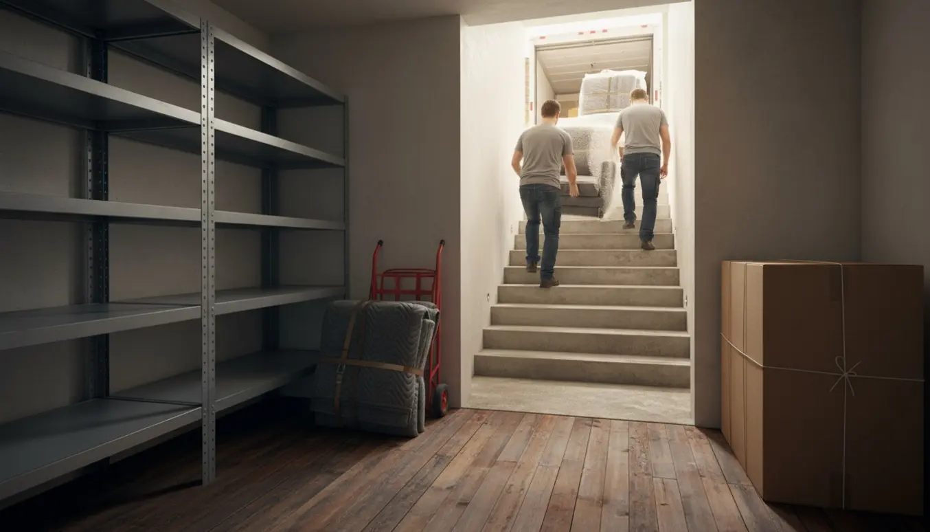 Flyttefolk sænker møbler ned ad trappen fra 2. sal, mens et kælderrum står tomt med hylder og sammenklappede flyttekasser.