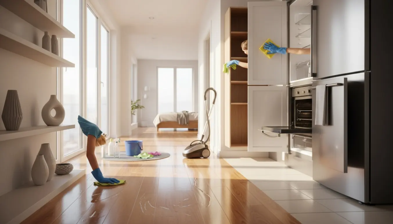 Rengøringsscene i en lys lejlighed med mopper, klude, sprayflasker og gummihandsker, hvor gulve og skabe bliver gjort rene.