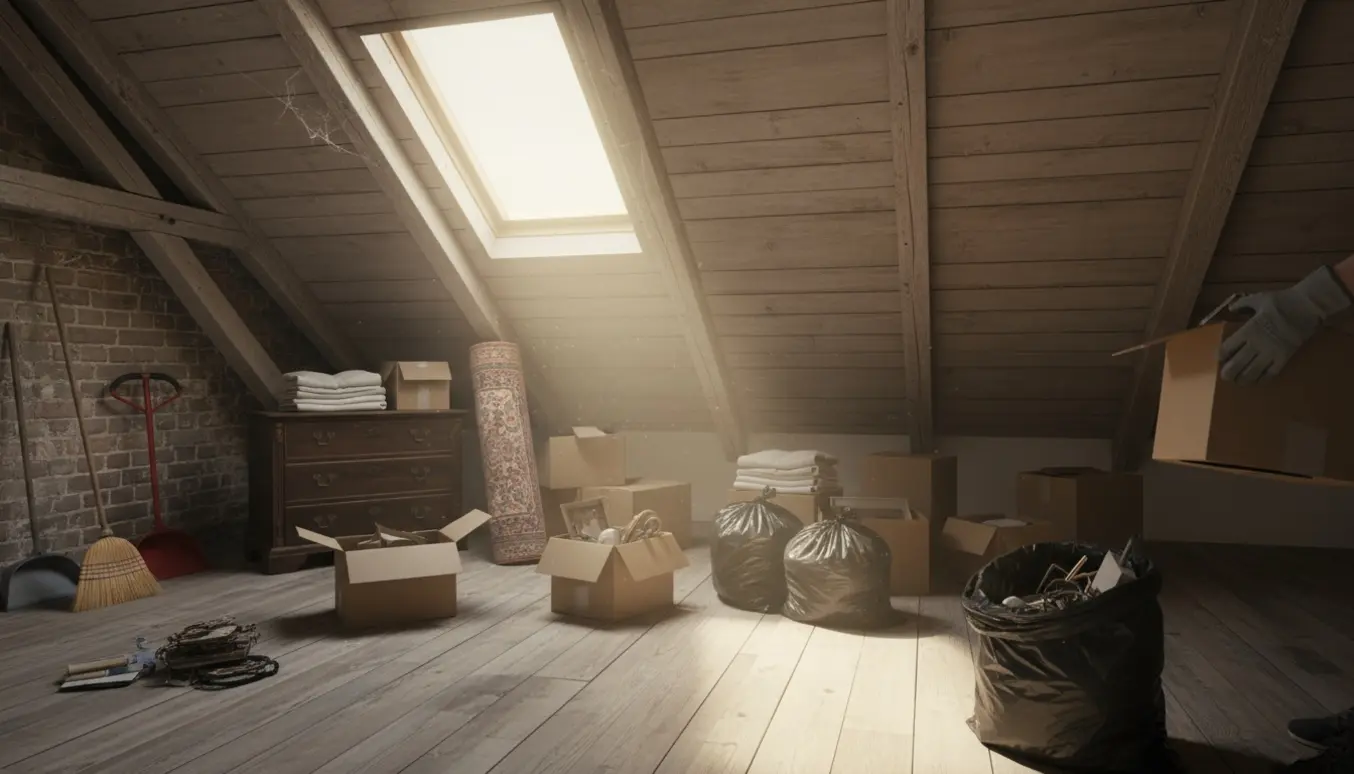 Et loftrum under oprydning med kasser, affaldssække og en person set bagfra, der løfter en kasse.