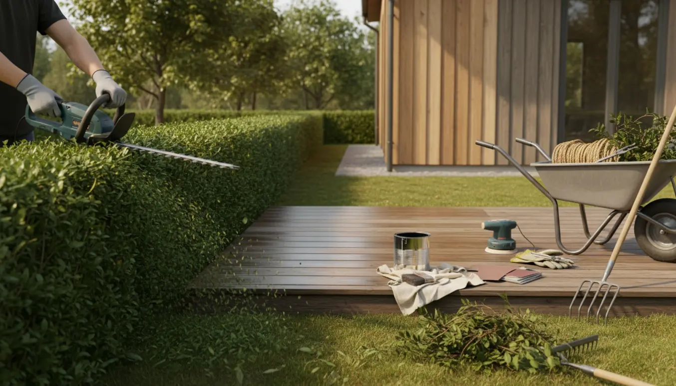 Handyman klipper hæk og vedligeholder træterrasse med værktøj og friske grene i haven.