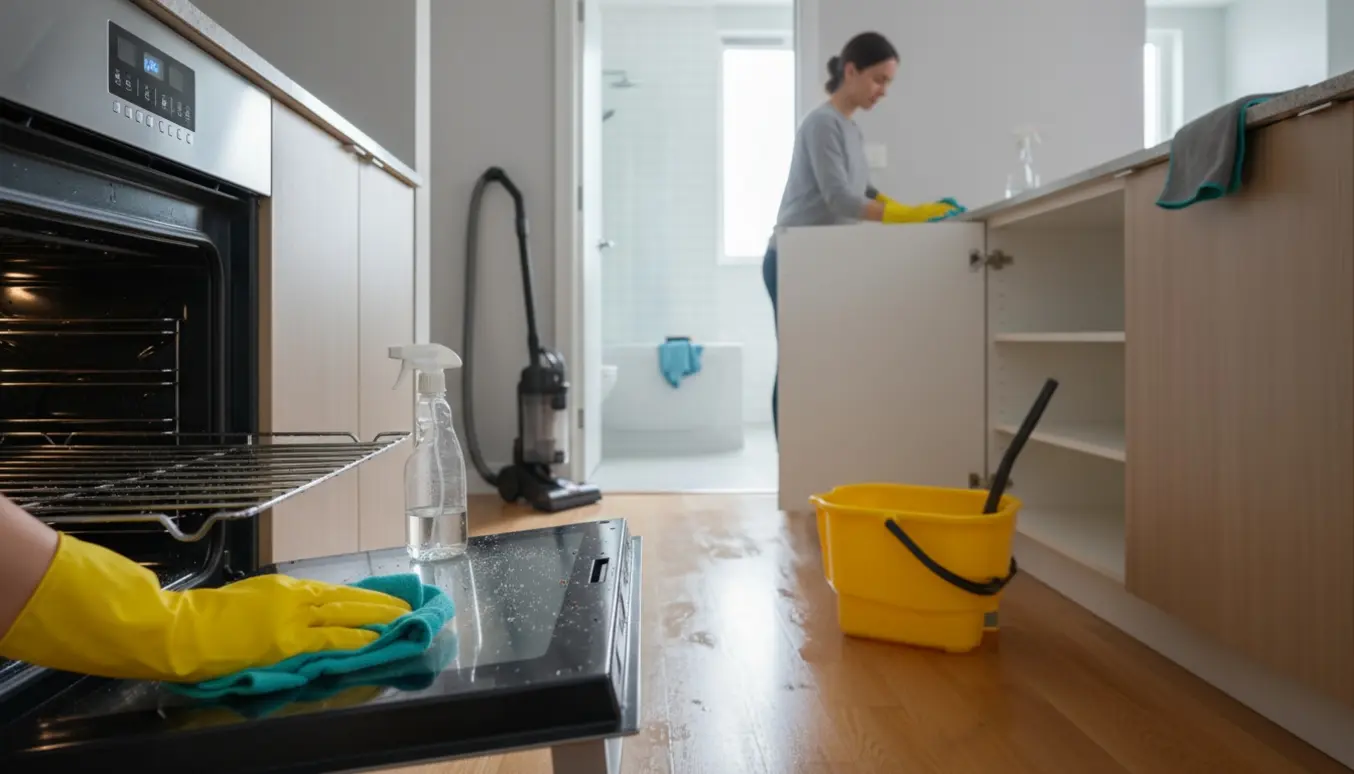 En moderne lejlighed under hovedrengøring med handsker, åben ovn, moppe og støvsuger.