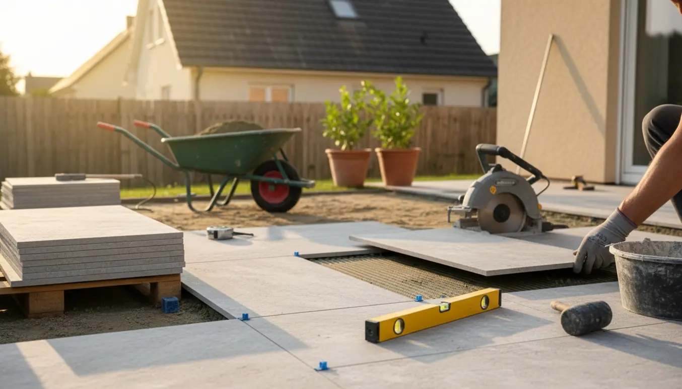 Hænder placerer en flise på en forberedt terrassebund med værktøj og stak fliser i blødt eftermiddagslys.