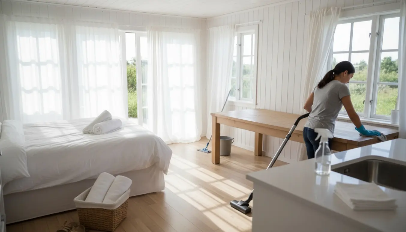 Rengøringsperson uden synligt ansigt klarer slutrengøring i et lyst og ryddeligt sommerhus.