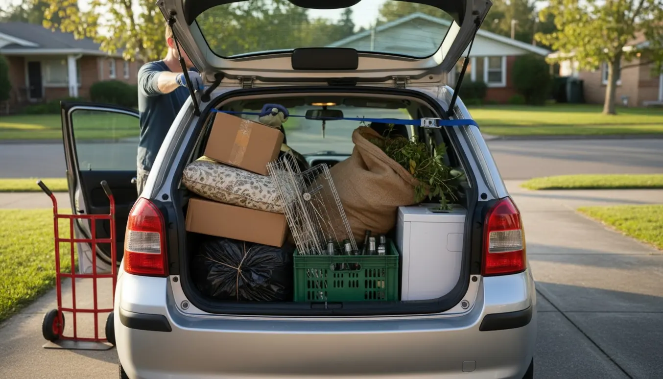 Bilens bagagerum fyldt med sorteret affald og genbrugsting, klar til aflevering på genbrugsstationen.