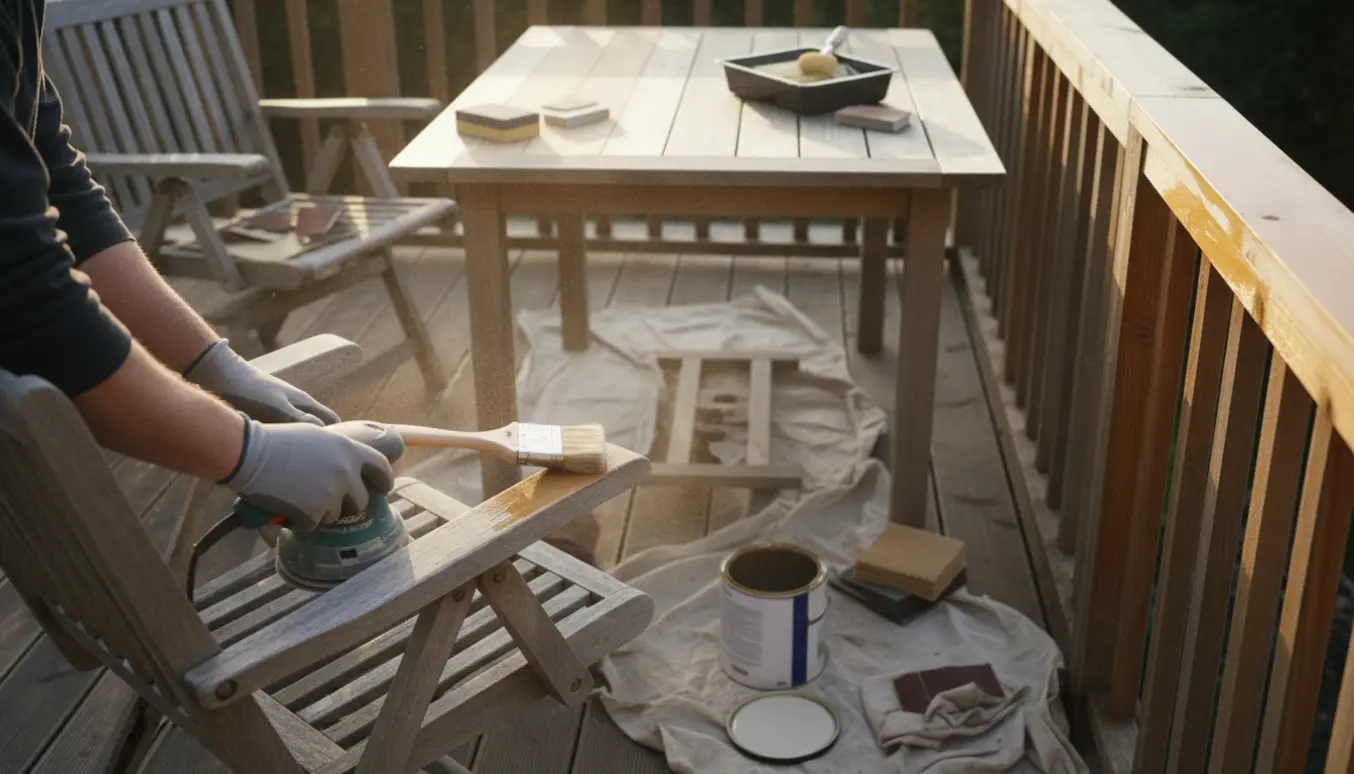 To havestole, et bord og et rækværk med halvslibede træoverflader og våd lak påført i naturligt dagslys.