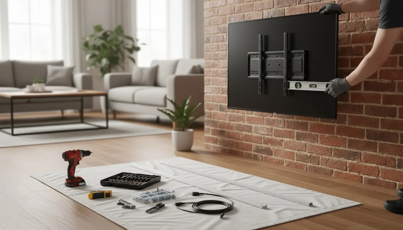 Hænder monterer et femti-tommers fladskærm på en murstensvæg med værktøj på et beskyttelsesunderlag.