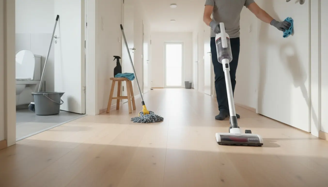 Næsten tomt hus med en person, der støvsuger og vasker gulvet, og åben dør til badeværelse med rengøringsudstyr.