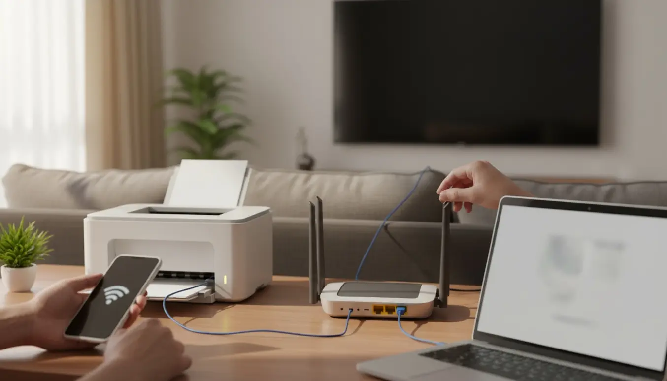 Nærbillede af opsætning af trådløs ruter med laptop, TV og trådløs printer i et lyst, ryddeligt hjemmemiljø.