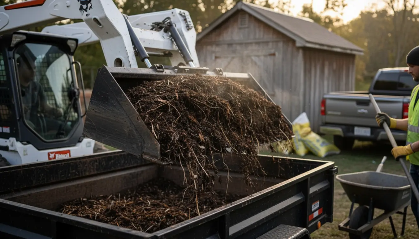 En lille kompaktlæsser læsser en gammel kompostbunke op i en åben trailer i en have.