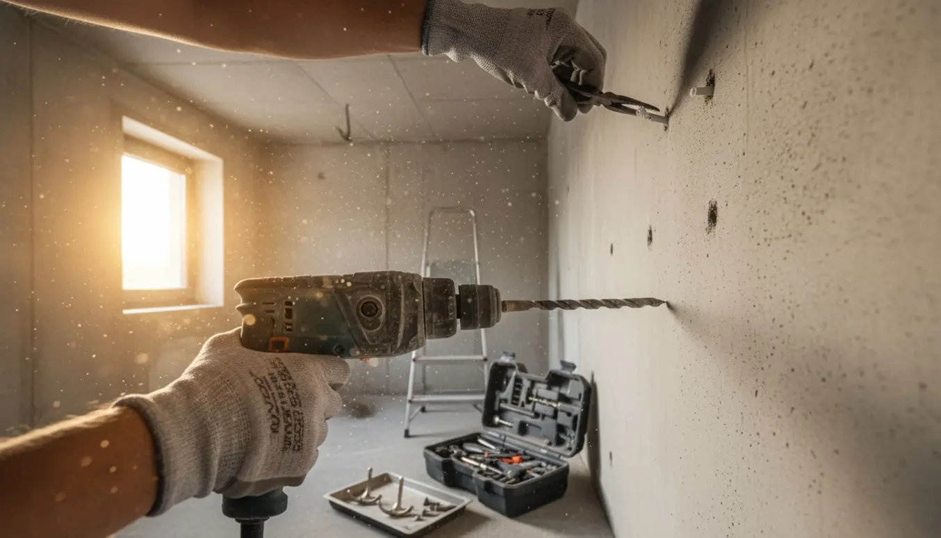 Hænder med slagboremaskine og værktøj ved betonvæg og loft, klar til at montere knager og fjerne rawlplugs.