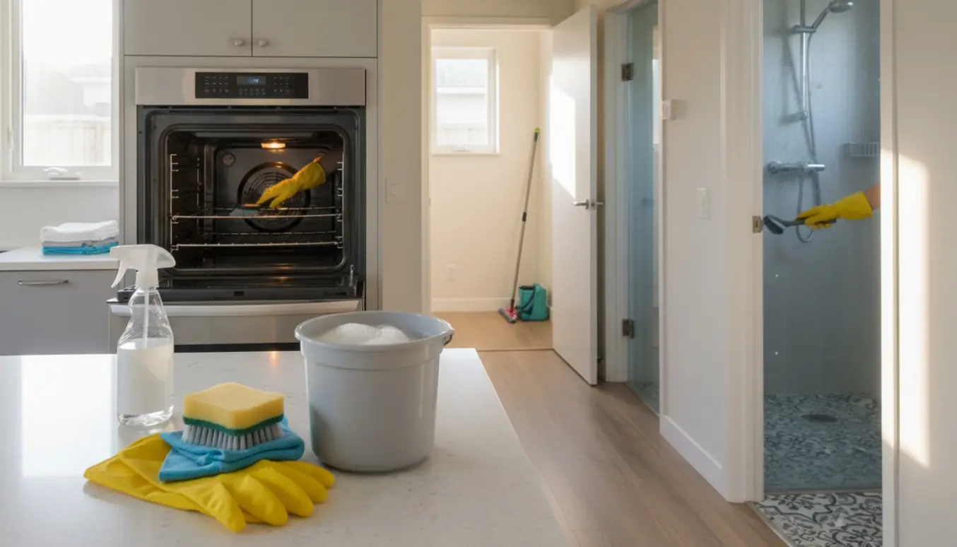 Tom bolig under flytterengøring med rengøringsmidler, åben ovn og hånd, der afkalker brusehovedet.