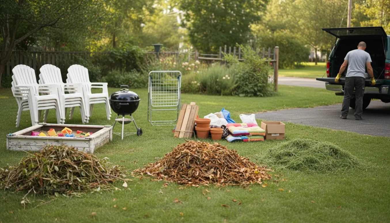 Baghave med tre bunker haveaffald, fire stole, en træ-sandkasse, en sort kuglegrill, træplanker og et tøjstativ klar til afhentning.