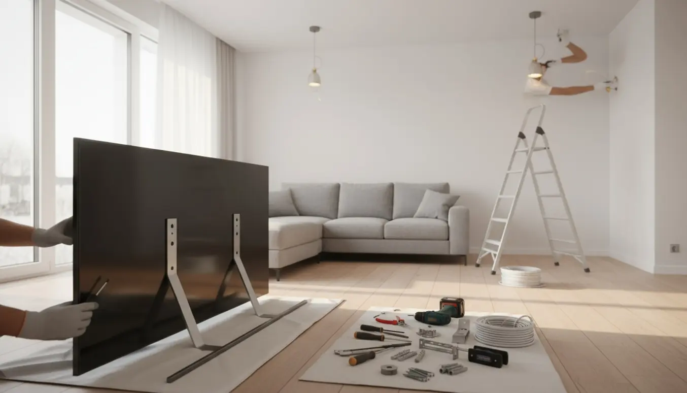 En håndværker monterer fire loftslamper og sætter et fladskærms-tv på fod i en moderne stue med værktøj og hvid ledning.