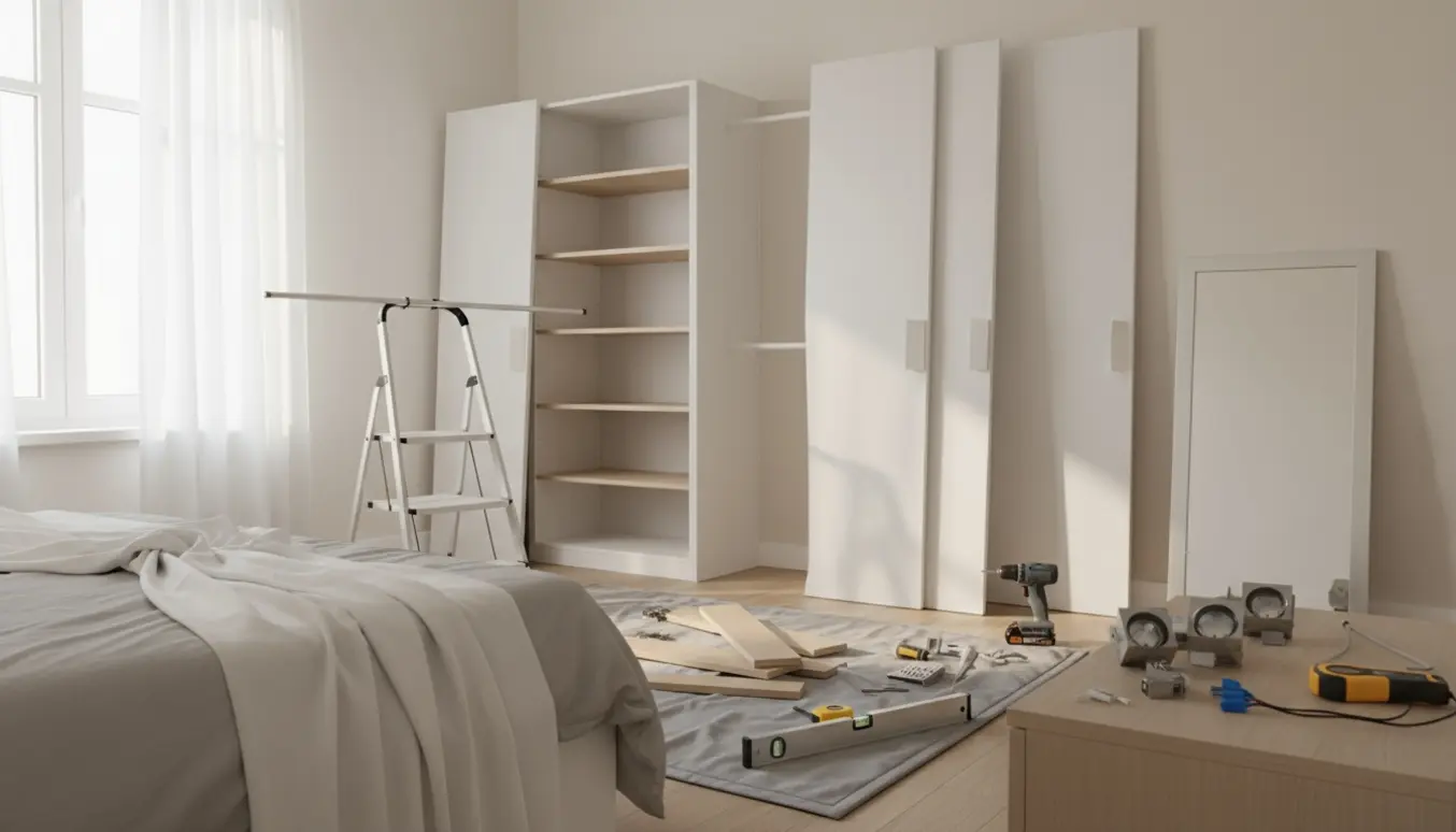 Halvfærdigt IKEA-skab i et solbelyst soveværelse med værktøj, spots, spejl og gardiner klar til montering.