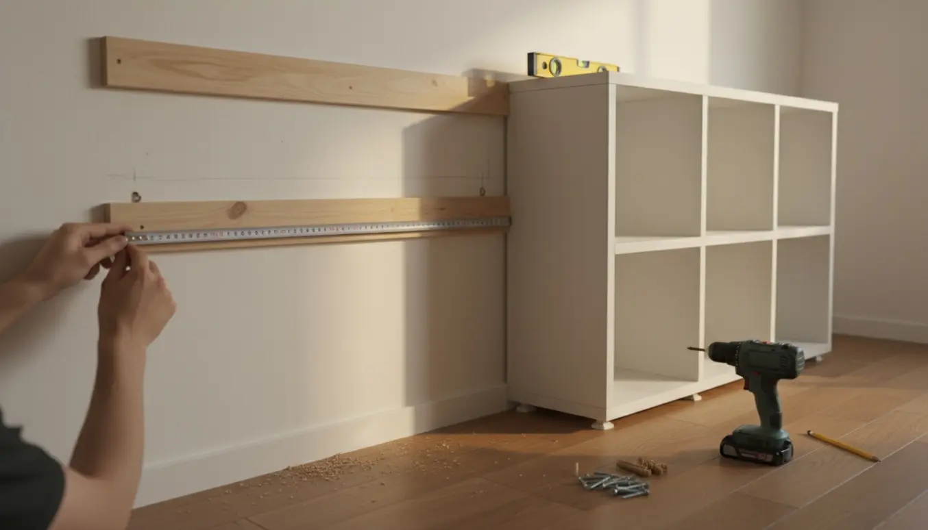 Nærbillede af opsætning af kubusreol på revler med værktøj og hænder i fokus.