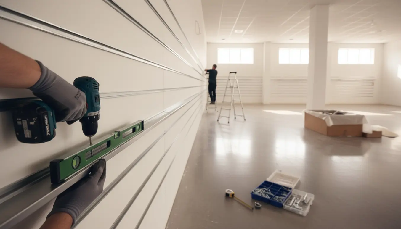 Store butikslokaler med metal-skinner, hvor skinner bliver monteret på væggen.