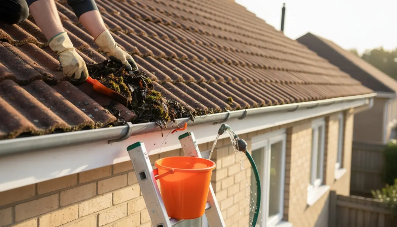Hænder på en stige renser to tagrender på et étplans rækkehus med spand og rive.