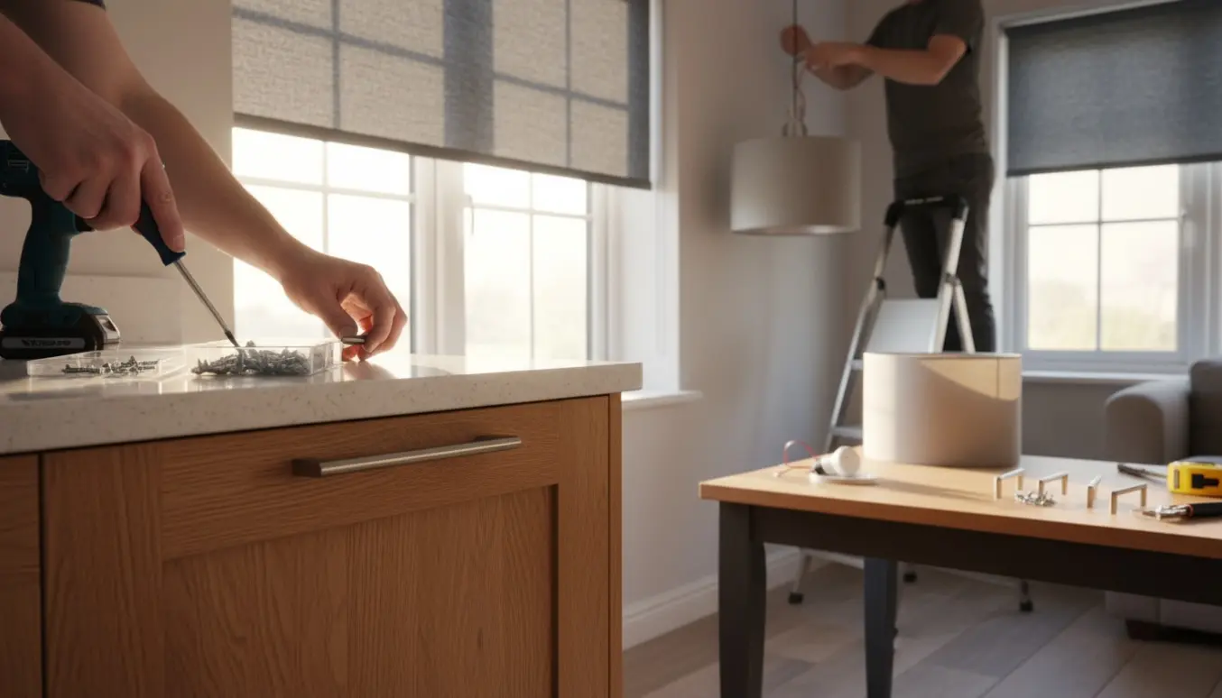 Hænder monterer et skabsgreb i et lyst køkken med rullegardin og lampedele på bordet.