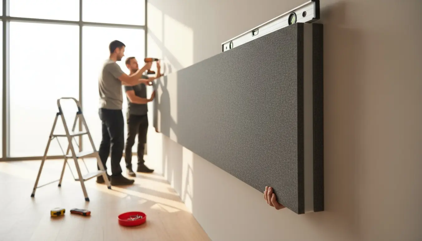 Installatører monterer et langt akustikpanel på en væg i et lyst, moderne rum uden tydelige ansigter.