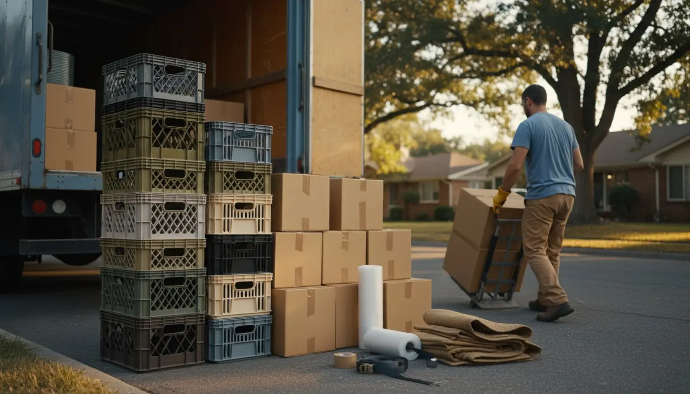 En person læsser flere plastikkasser og flyttekasser ind i en flyttebil med ansigtet vendt væk.