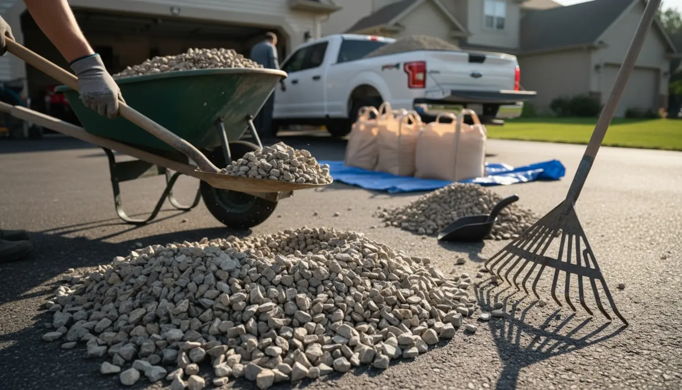 Grus samles i bunker på en indkørsel med skovl, rive, trillebør og en pick-up klar til afhentning.