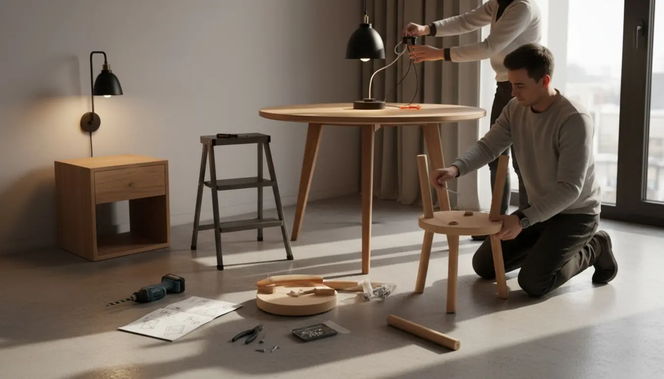 En halvt samlet IKEA-skammel med værktøj, mens en loftslampe hænges over et træbord og en lille væglampe er monteret.