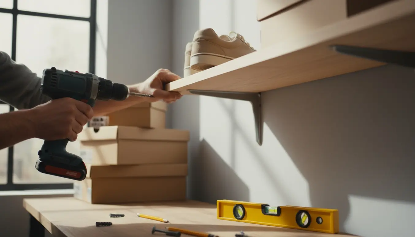 Hænder monterer en væghylde med bore-/skruemaskine og skruer, mens skokasser står pænt på hylden.