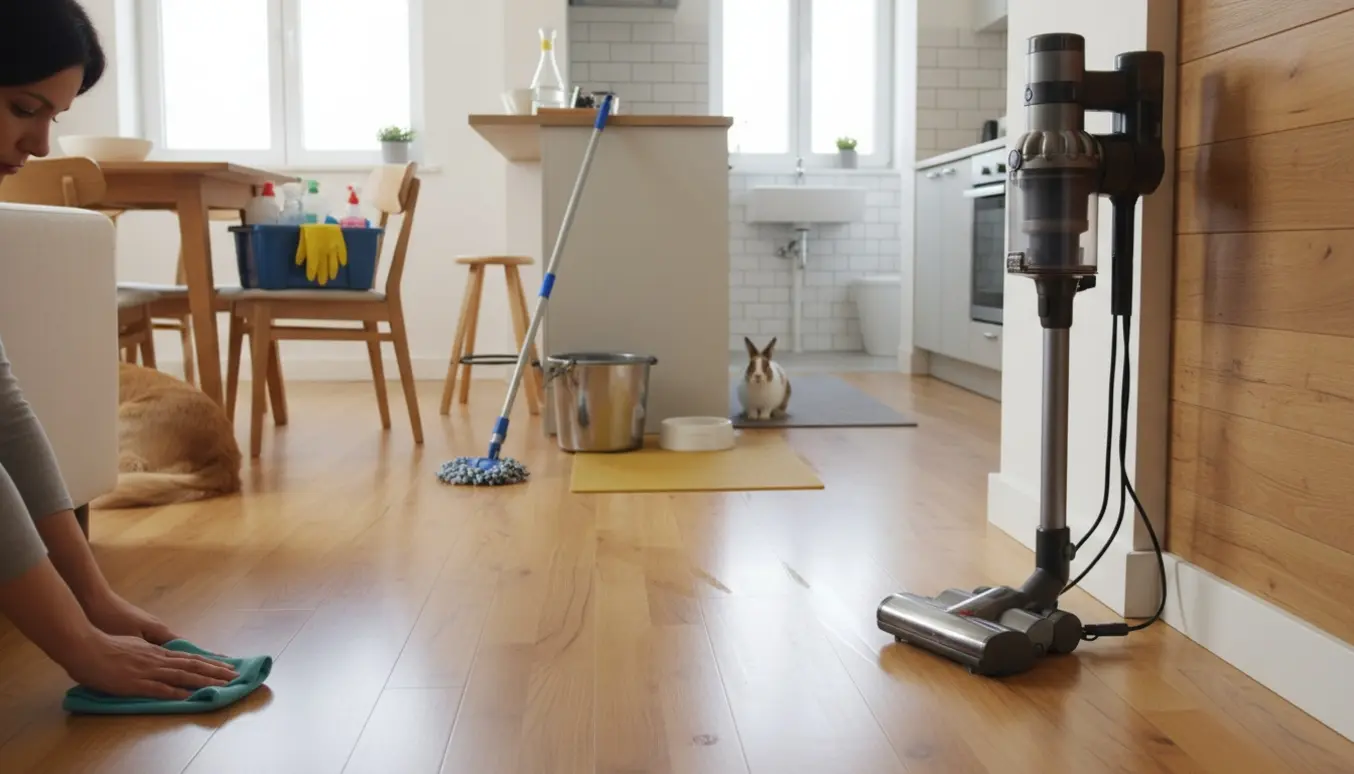 Solbelyst lejlighed hvor hænder rengør gulv og paneler, med en kanin i køkkenet og en hund delvist i billedet.