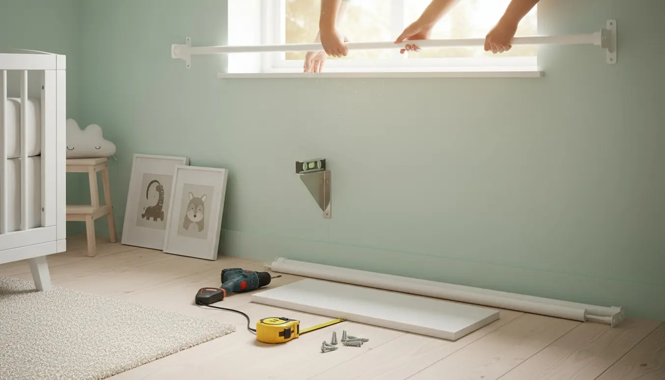Nærbillede af hænder, der monterer hyldebeslag og forbereder gardinstang og billeder i et pastelfarvet babyværelse.