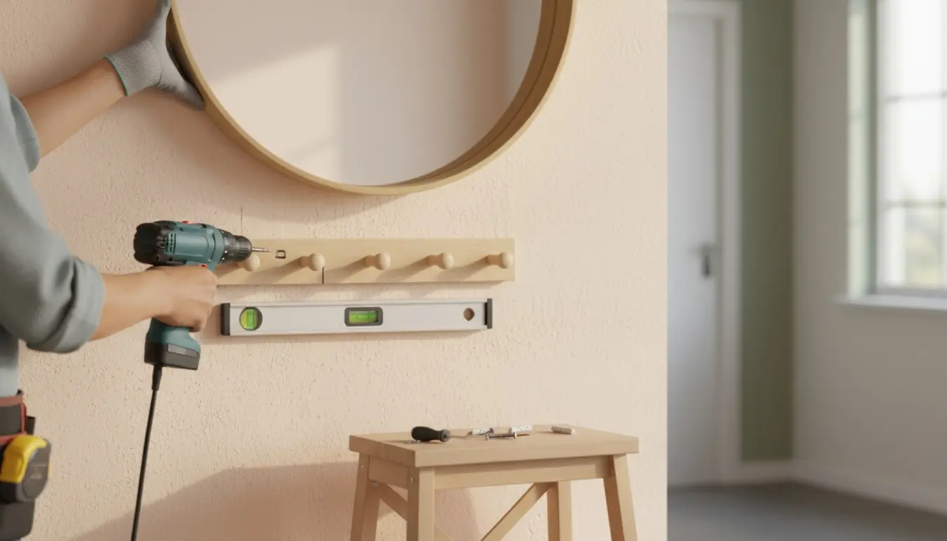Hænder monterer træknager og justerer et rundt spejl på en lys væg i en entre.