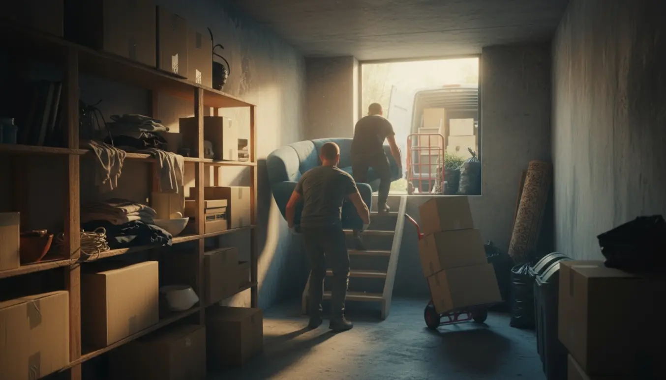 To personer bærer en to-personers sofa op ad kældertrappen, mens kasser og møbler gøres klar til afhentning på fortovet.