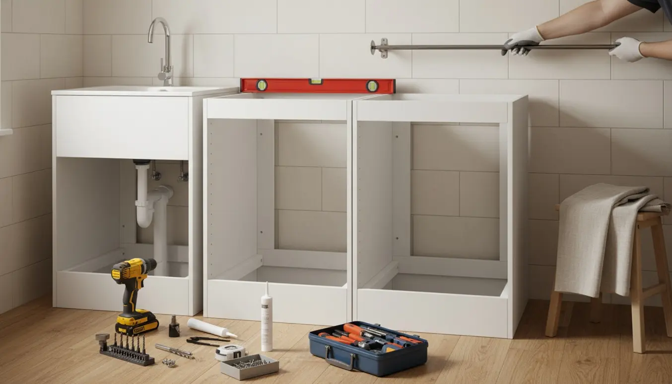 Håndværker monterer bryggersmoduler og ny vask med værktøj spredt i et lysfyldt bryggers.