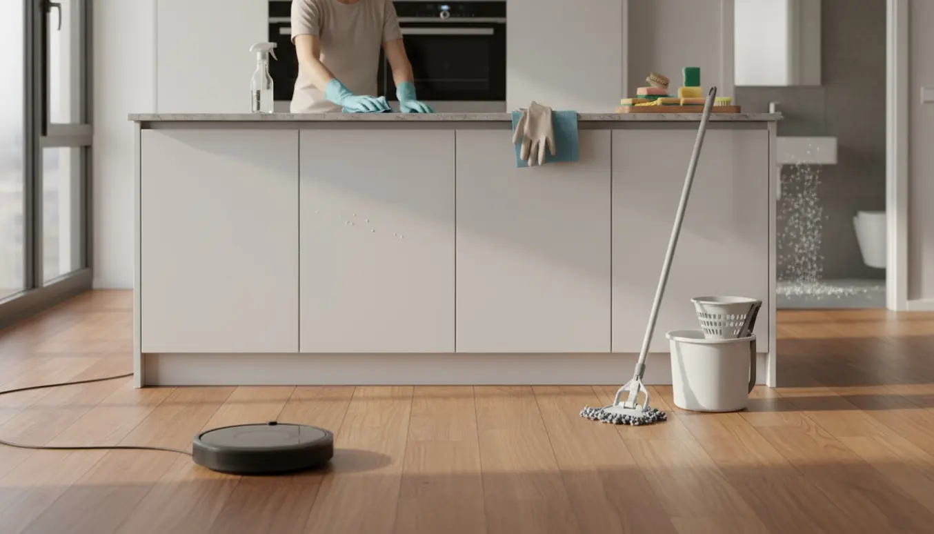 Rengøring i en moderne lejlighed med støvsugning, aftørring af køkken og gulvvask, hænder i handsker synlige.